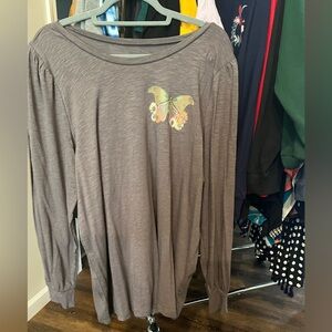 Tan Long Sleeve Top with Butterfly Design